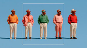 Five bearded men in bright sweaters and cream pants stand on a blue background; the three center figures are inside a white square frame.