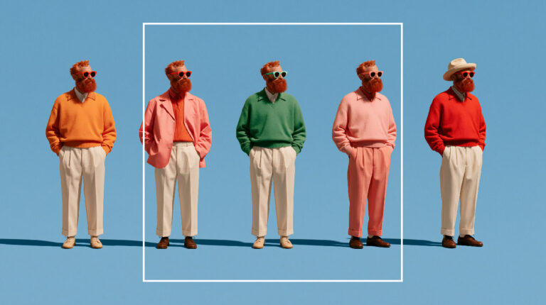 Five bearded men in bright sweaters and cream pants stand on a blue background; the three center figures are inside a white square frame.